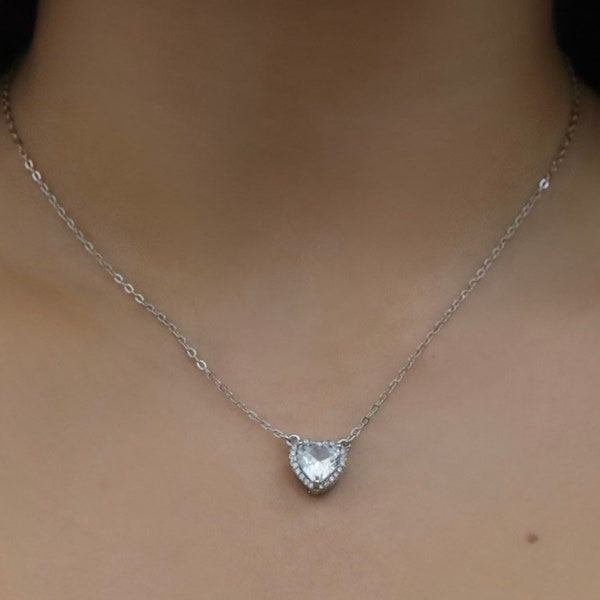 925 Sterling Silver Heart Necklace, CZ Necklace, Halo CZ, Gift For Her, Valentines Day Gift, Diamond CZ Necklace