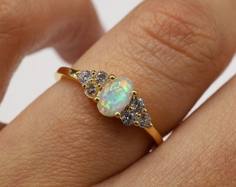 White Opal Ring, 14K Yellow Gold Plated Ring, Opal Engagement Ring, October Birthstone, White Fire Opal, Promise Ring, Gift For Her
