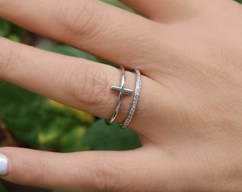 Dainty Cross and Band Ring, Minimalistic Ring, Sterling Silver 925, Cross Ring, CZ Ring, Silver Jewelry