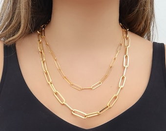 24k Gold Plated Paperclip Chain Necklace, Gold Choker, Layering Necklace, Chain Necklace, Link Chain Necklace, Rectangle Chain, Gift For Her