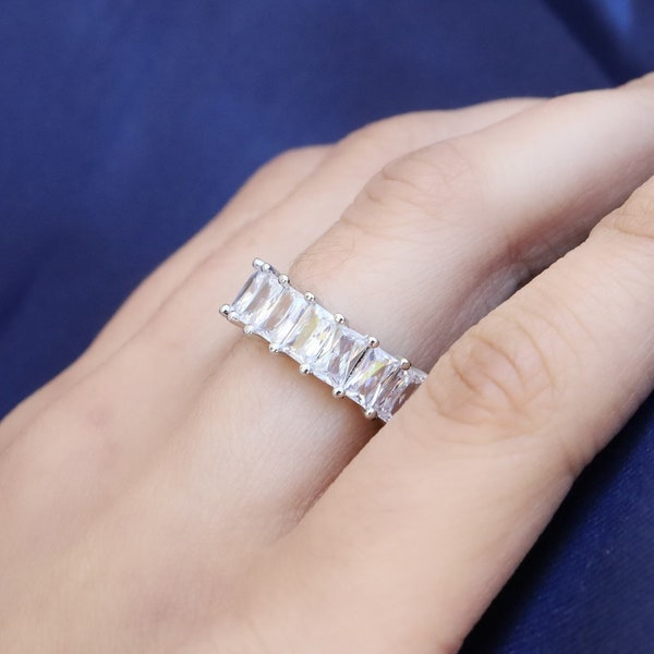 Silver Baguette Eternity Ring, Stackable Ring, Trendy Jewelry, Eternity Ring