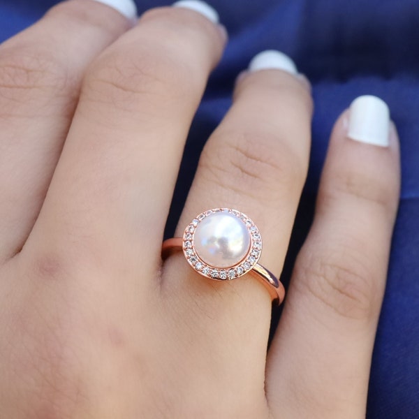 Rose Gold Faux Pearl CZ Halo Ring, Engagement Ring, Anniversary Gift, Gift For Her, Rose Gold Jewelry
