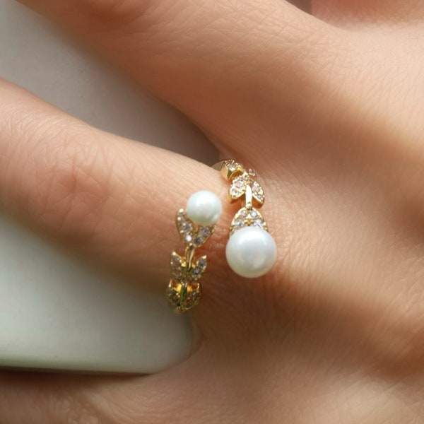 Dainty Double Pearl CZ Ring, Minimalistic Ring, Gold Jewelry, Sterling Silver Ring, Glass Pearl Ring