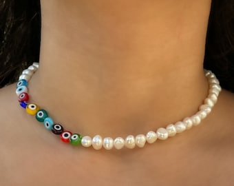 Freshwater Pearl with Rainbow Evil Eye Beads, Partial Evil Eye Necklace, Genuine Pearl Necklace, Rainbow Necklace