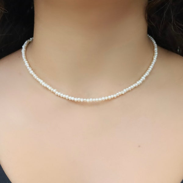 3.5 mm Dainty Freshwater Pearl Choker, White Pearls,Genuine Pearl Necklace, Gift For Her, Bridesmaid Necklace, Flower Girl Necklace