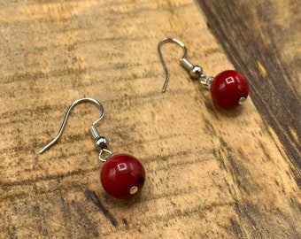 8mm Red Coral Earrings, Natural Coral, Red Coral