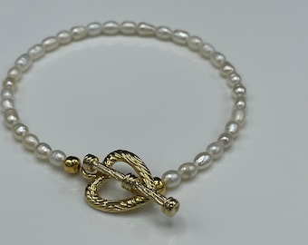 Oval Freshwater Pearl Bracelet, Heart Toggle Bracelet,  Pearls, Oval Pearls, Real Pearls