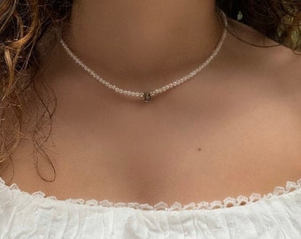 Süßwasserperlen Buchstaben Choker Halskette, Echte Perlen, 24k vergoldet, versilbert, Charm Choker, Perlen Choker, Echte Perlen