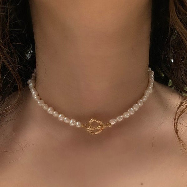 5-6 mm Baroque Freshwater Pearl Baroque 24k Gold Plated Heart Toggle Choker Necklace, Genuine Pearls, White Pearls, Y2K Pearls, Real Pearls