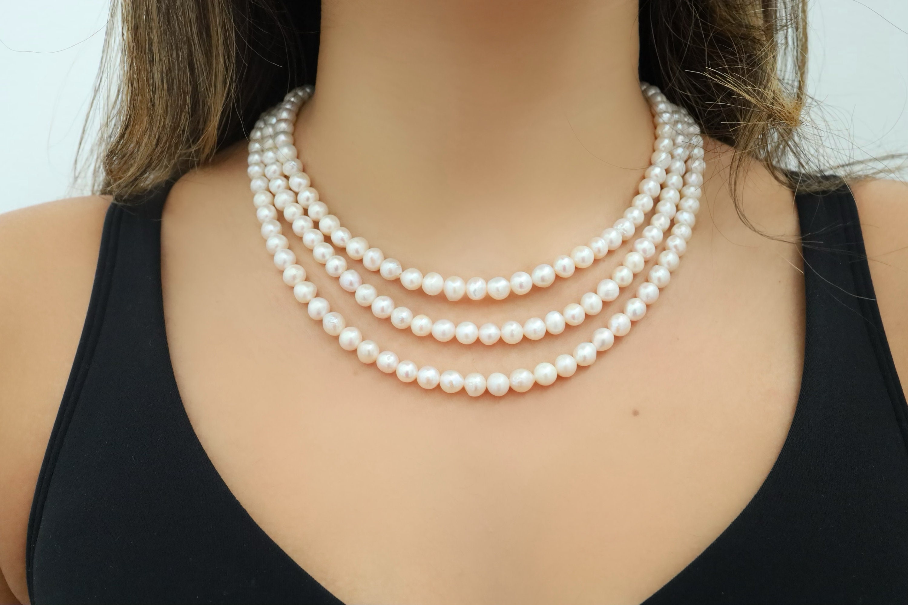 8mm 3 Strand Freshwater Pearl Necklace 