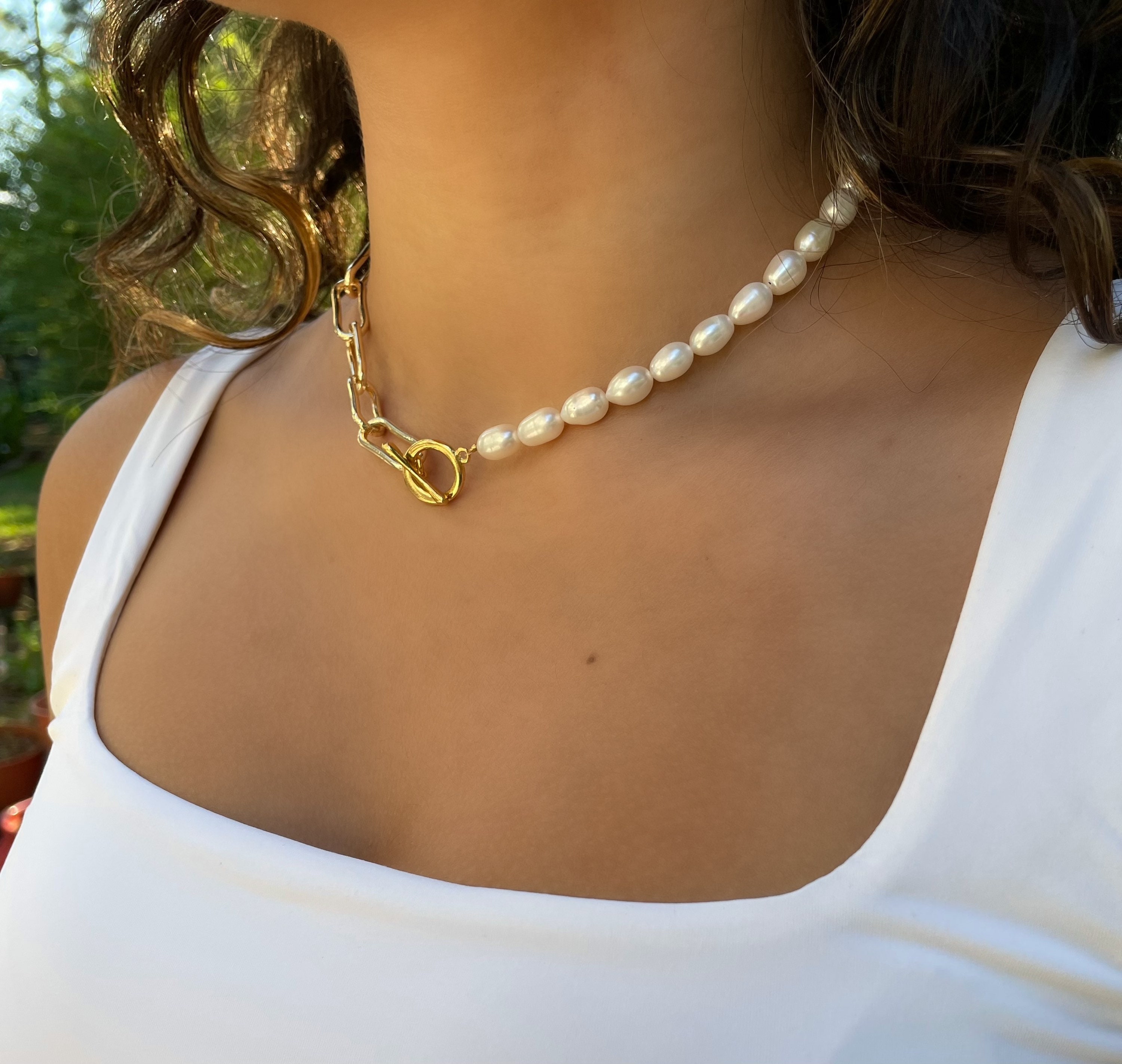 Half Oval Pearl Half Paperclip Chain Necklace Genuine Etsy UK