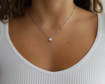 925 Sterling Silver 8mm Solitaire CZ Necklace, Sterling Silver, Solitaire CZ, Minimalistic Jewelry,Bridesmaid Jewelry, Gift For Her