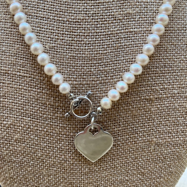 925 Sterling Silver Toggle Clasp Freshwater Pearl Necklace, Shiny White Pearls, 925 Sterling Silver