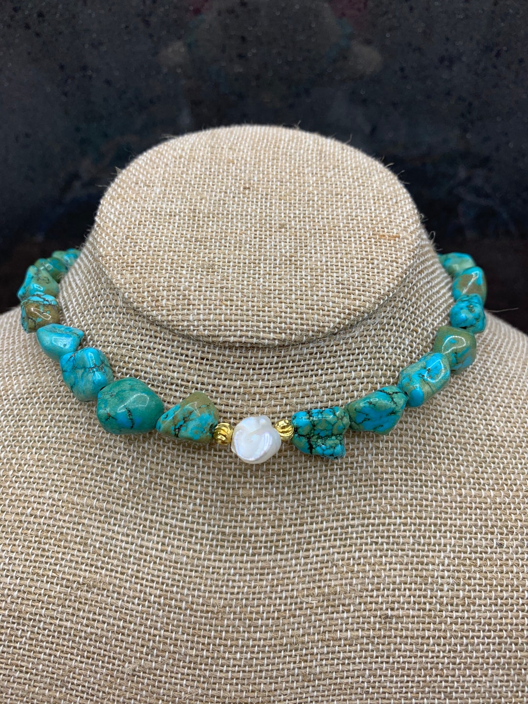 Baroque Pearl and Turquoise Choker Necklace, 24k Gold Spacers ...