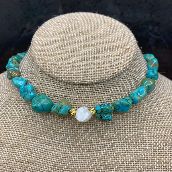 Baroque Pearl and Turquoise Choker Necklace, 24k Gold Spacers, Turquoise Choker, Freshwater Pearl