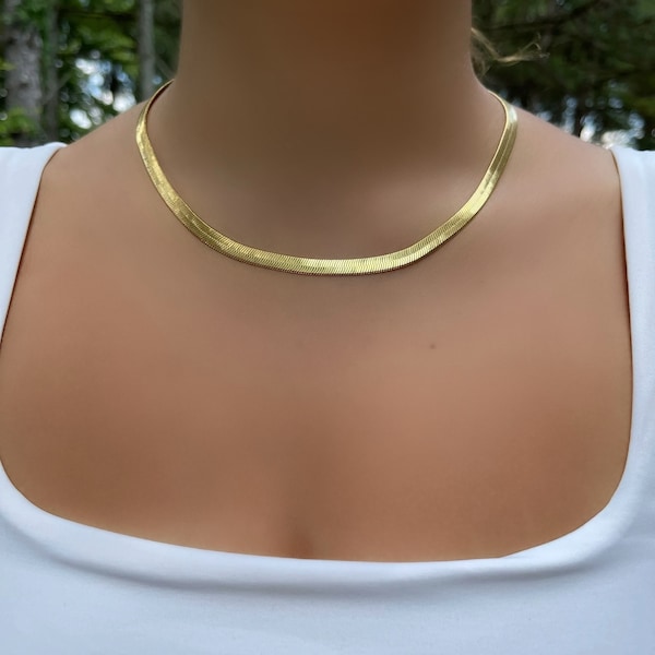 5mm Herringbone Chain Necklace, 24k Gold Plated Necklace, Snake Chain, Herringbone Choker, Flat Snake Necklace