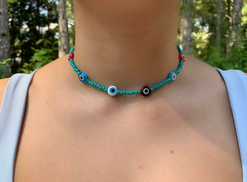 Evil Eye Choker Necklace Evil Eye Protective Necklace Green-Turquoise Bead Choker 10mm Evil Eye