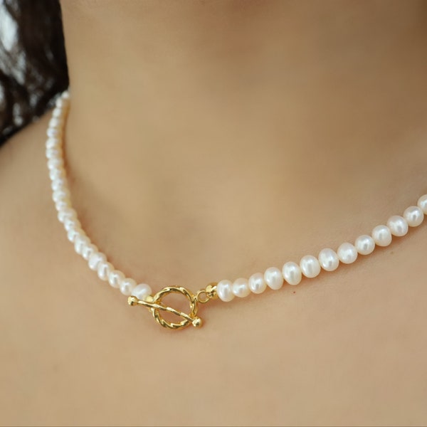 5-6 mm Freshwater Pearl 24k Gold OT Toggle Necklace Choker, Y2K Aesthetic, White Pearls, Gold Plated Necklace