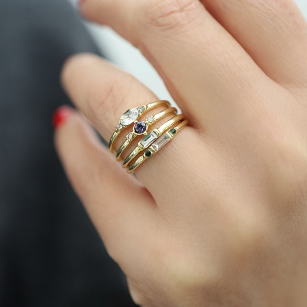 4 Pcs Rhinestone Gold Plated Ring Set, Stackable Rings, Thin Band Ring Set, Dainty Ring Set, Gemstone Rings, Gift For Her