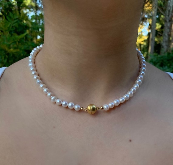 Freshwater Pearl Necklace With Magnetic Clasp, Gold Plated Clasp, Genuine  Pearls,bridesmaid Pearls, Bridal Pearls, White Pearls, Y2k Style 