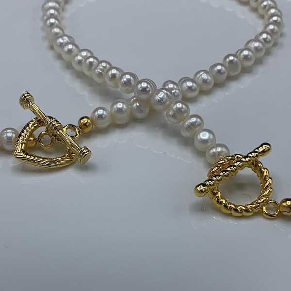 Freshwater Pearl Necklace with Toggle Clasp, Gold Plated Clasp, Heart Toggle, OT Toggle, Genuine Pearls, White Pearls, Y2k Style