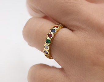 Rainbow Gold Band Rings, Colorful CZ Ring, Stackable Rings, Minimalistic Jewelry, Gold Jewelry, Band Ring