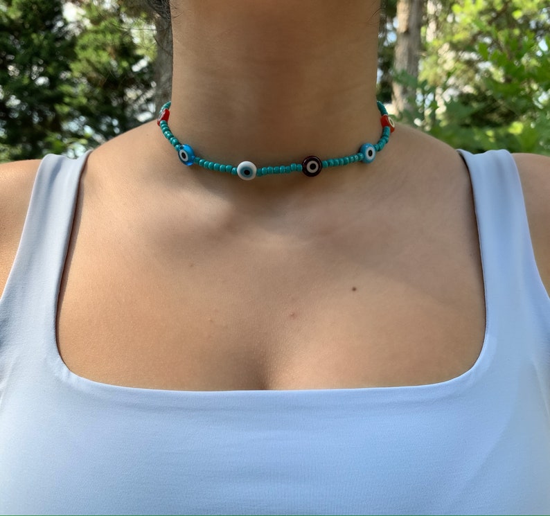 Evil Eye Choker Necklace Evil Eye Protective Necklace Green-Turquoise Bead Choker 10mm Evil Eye