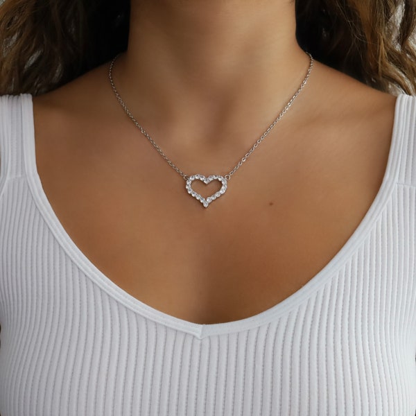 Open Heart Pendant Necklace, .925 Sterling Silver, Cubic Zirconia Necklace, Heart Necklace