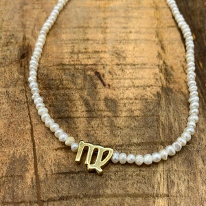 Freshwater Pearl Zodiac Charm Choker, Horoscope Charm, Astrology Necklace, Silver Plated, 24k Gold Plated, Raw Brass
