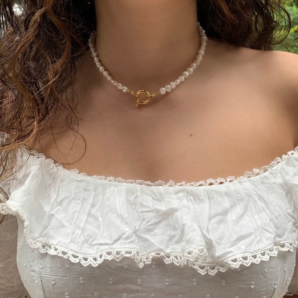 Freshwater Baroque Pearl Nautical Clasp Choker Necklace, Genuine Pearls, White Pearls, Y2K Pearls, Spring Ring Clasp Necklace, Real Pearls