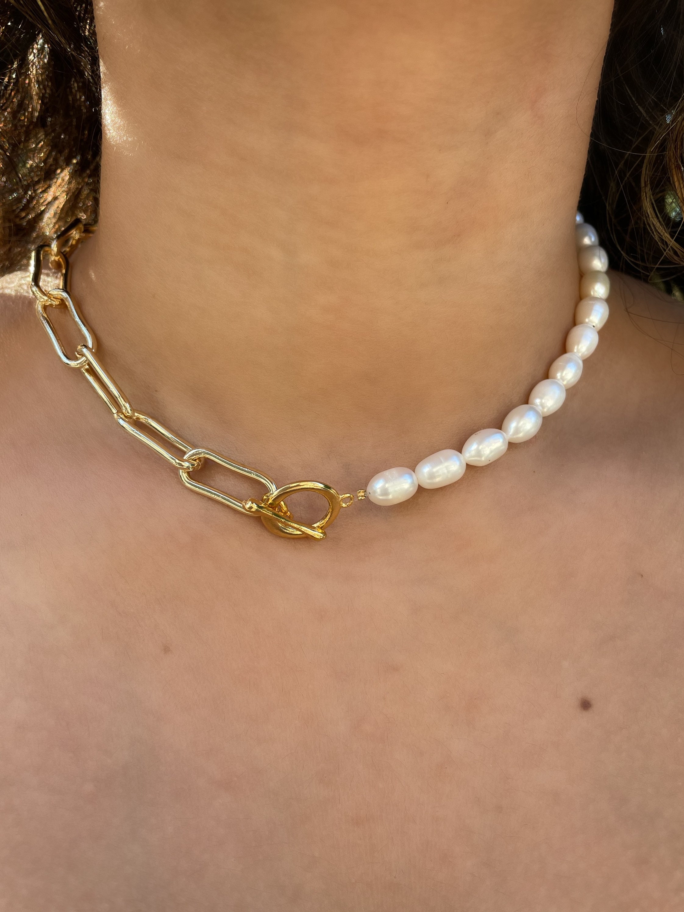 Half Oval Pearl Half Paperclip Chain Necklace Genuine - Etsy Australia