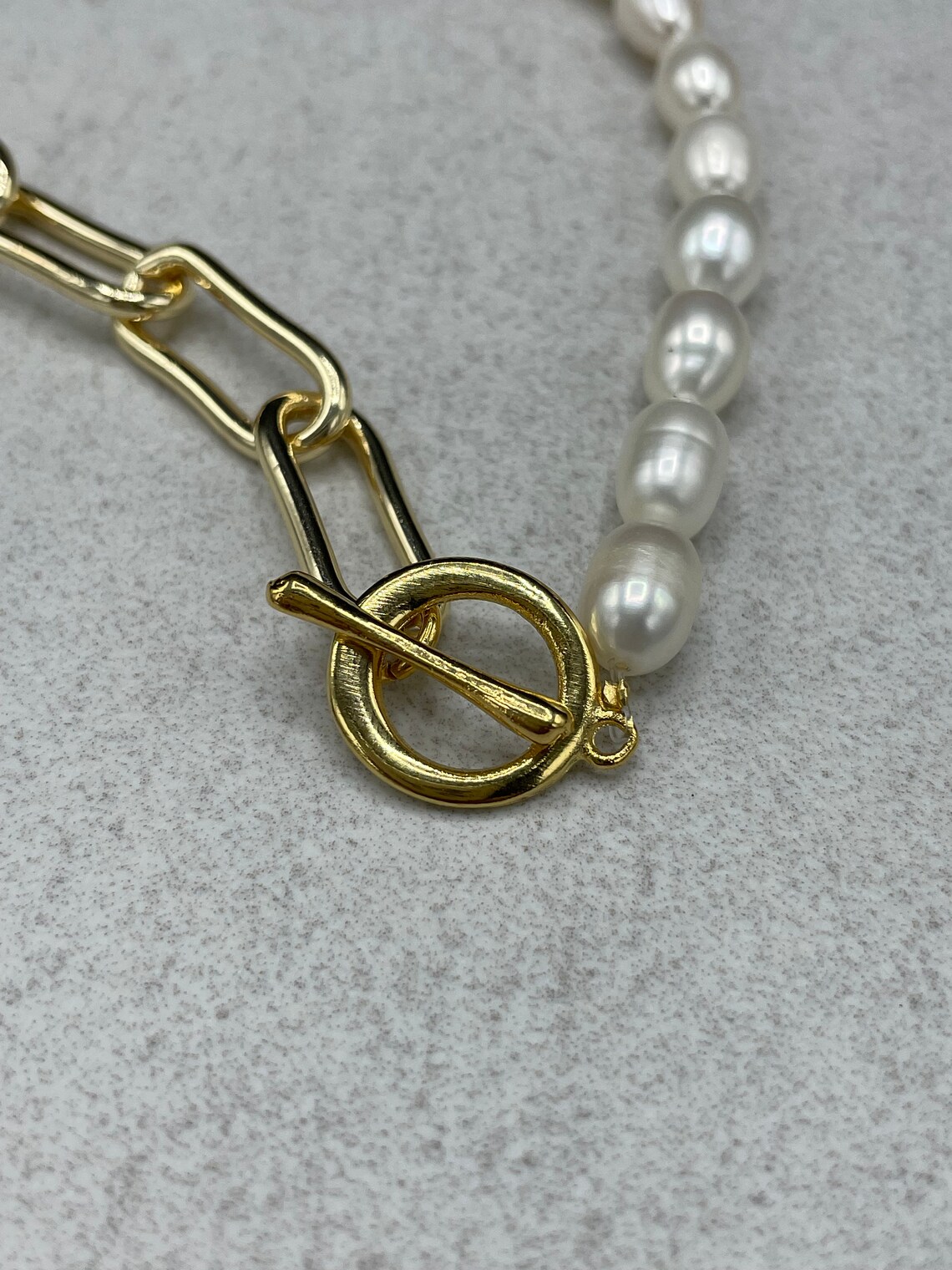 Half Oval Pearl Half Paperclip Chain Necklace Genuine Etsy UK