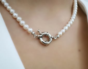 Nautical Clasp 6 mm Freshwater Pearl Necklace, Silver Plated Clasp, Genuine Pearls,Bridesmaid Pearls, Bridal Pearls, White Pearls, Y2k Style