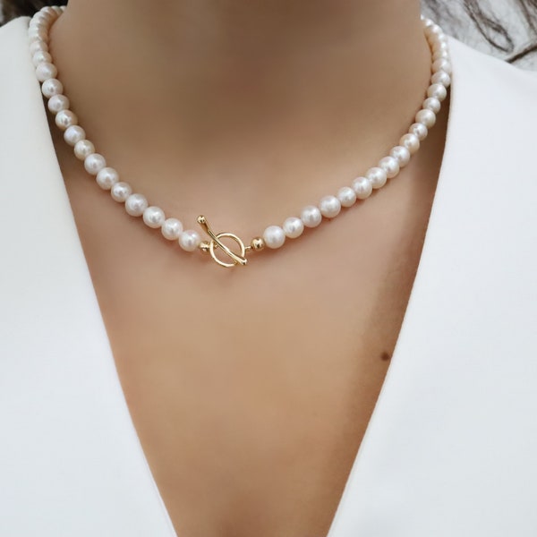 6mm Round Freshwater Pearl Necklace with Toggle Clasp, Gold Plated Clasp, Genuine Pearls,Bridesmaid Pearls,White Pearls, Y2k Style