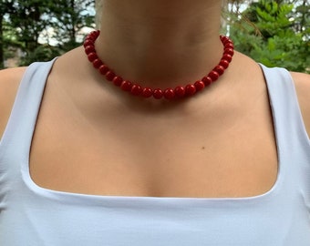 12 mm Red Coral Choker Necklace, Natural Coral, 1 Strand Red Necklace, Statement Necklace
