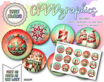 Traditional Christmas -  3 inch and 1 inch round images INSTANT DOWNLOAD