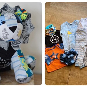 May include: A handmade stuffed lion toy made from repurposed baby clothes. The lion is blue, green, and grey with a black nose and eyes. The lion is sitting on a wooden surface.