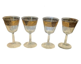 Culver Tyrol Wine Glass, Set of 4 MCM Wine Glass/Water Goblet, 22k Gold Edge Mid Century Modern