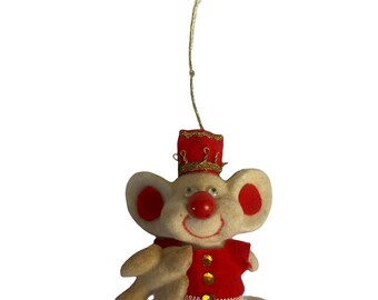 Flocked Felt, Goggly Eyed Mouse Ornament, 1960s Christmas Mouse Ornament
