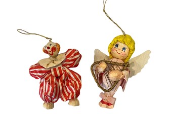 Paper Mache Clown and Angel, Vintage Ornament Lot of 2
