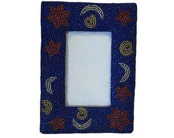 Beaded Celestial Sun, Star and Moon Frame with Blue Satin Background