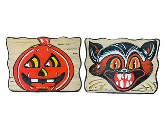 Vintage Inspired Halloween Cat and Jack-O-Lantern Pair of Painted Wood Art