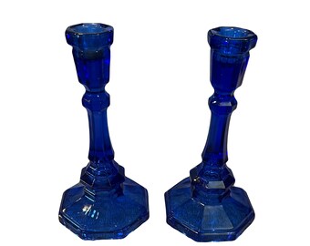 L. E. Smith Colbalt Blue Glass Candlestick Pair with Octagon Base 7.5" Tall