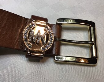 NWT Michael Kors Double Buckle Genuine Leather Belt in Tan and Gold s-l400.jpg main image 2