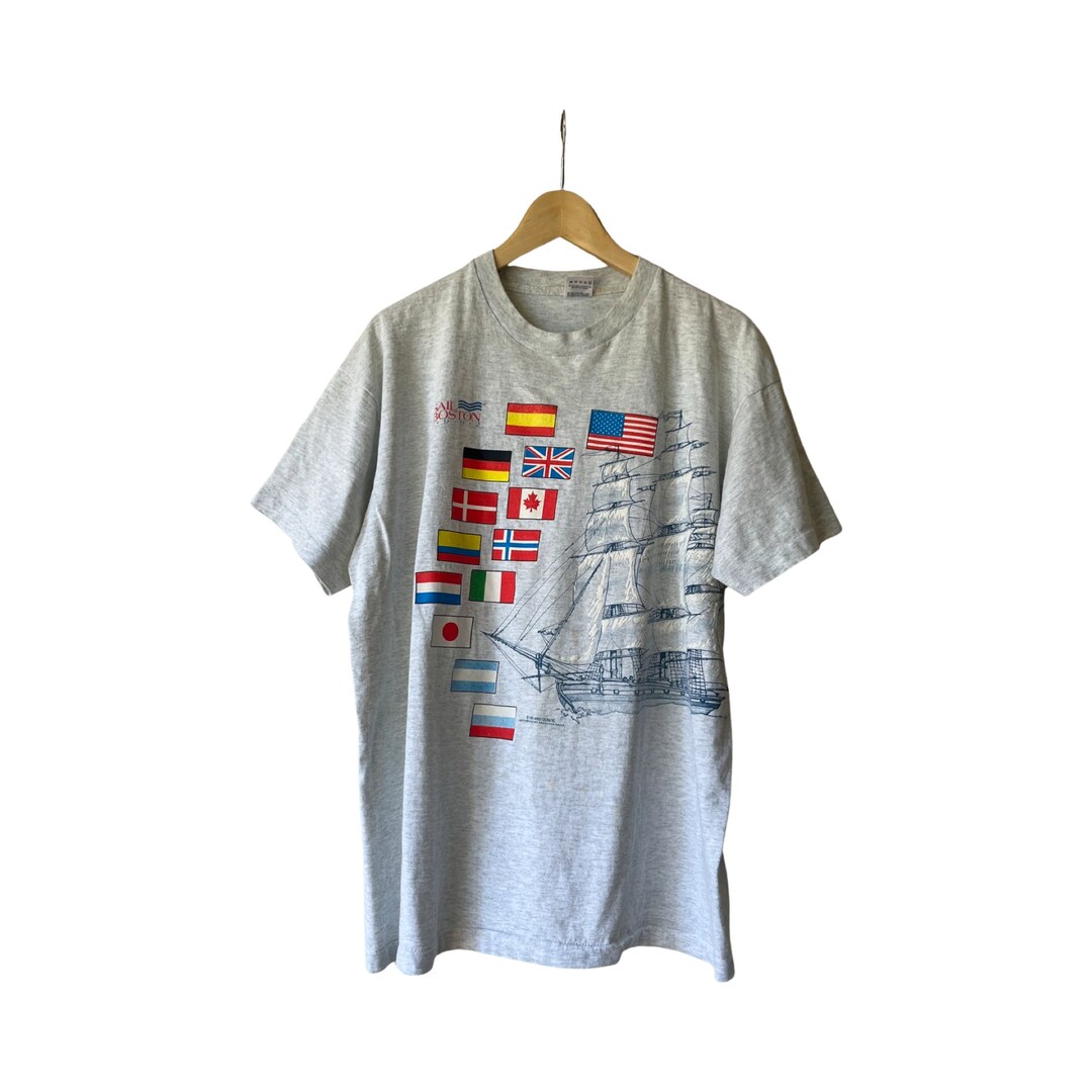 Vintage Sail Boston 1992 Tall Ship Grand Regatta World Flags Tshirt