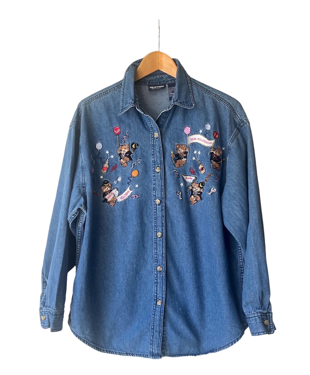 DENIM LIKE PRINT SHIRT ブラウン Vintage New Millennium 2000 Embroidered Jean Button Down