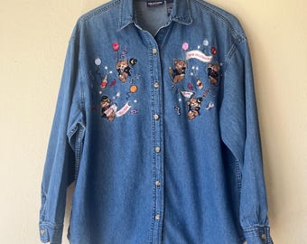 DENIM LIKE PRINT SHIRT ブラウン Vintage New Millennium 2000 Embroidered Jean Button Down