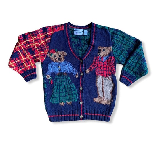 Vintage Hand Knit Bear Cardigan Sweater Size Small