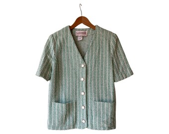 Chaqueta vintage Castleberry de manga corta, talla 10, fabricada en EE. UU. Blazer de cuello en V, 5 botones y 2 bolsillos de punto verde.