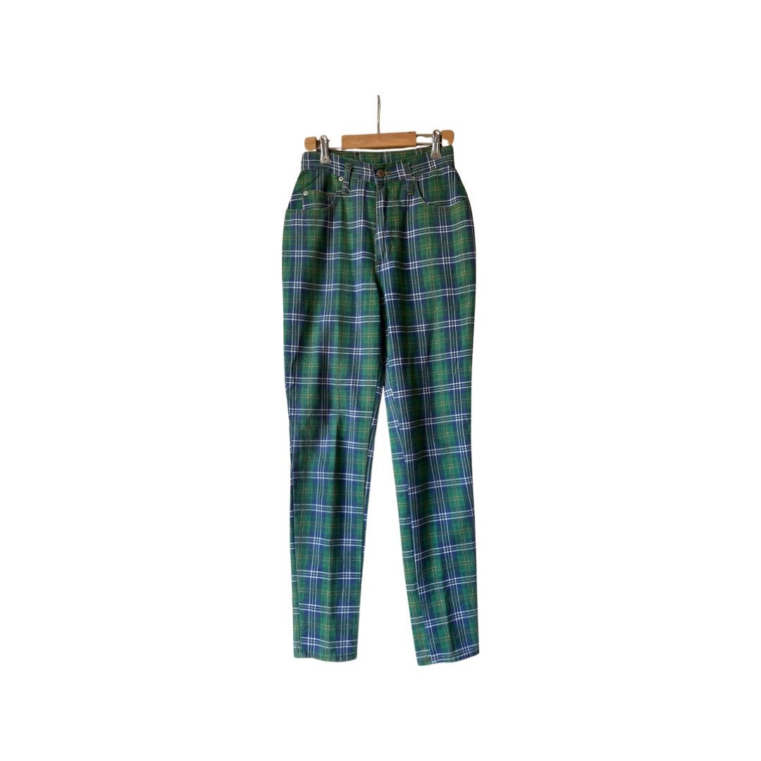 Vintage 90s Green Plaid 5 Pocket Jeans. Steel Jeans Tartan Plaid Cotton Pants. Made in USA. Size 7